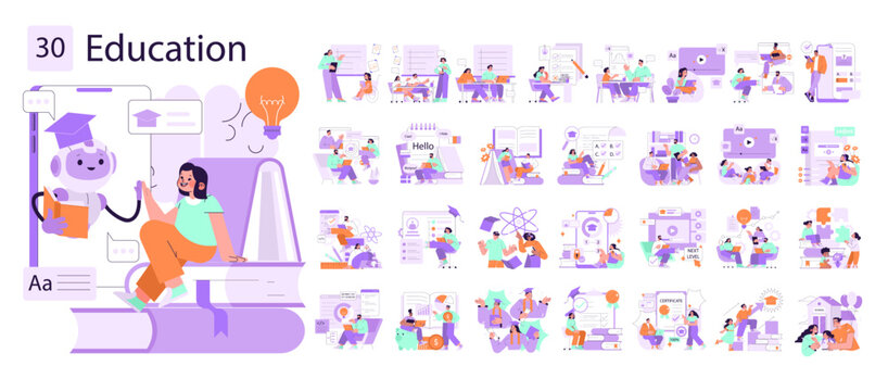 Online Education with Robot Tutor Vector Illustration