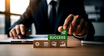 Businessman hand placing success block on wooden stack