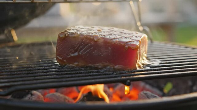 Close-up shot of seasoned tuna steak being grilled over hot charcoal with marinade drizzling