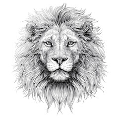 Detailed black and white sketch of a majestic lion head with a full mane isolated on transparent background