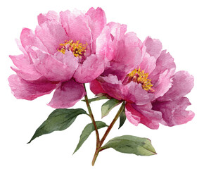 Obraz premium Two large, pink peonies in full bloom with green leaves, painted in watercolor style