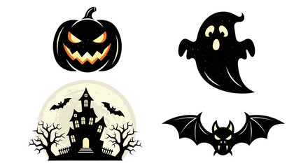 A collection of spooky Halloween-themed illustrations including a jack-o'-lantern, a ghost, a haunted house with bats, and a bat.