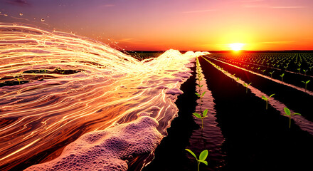 Digital light waves irrigating rows of plants at sunset