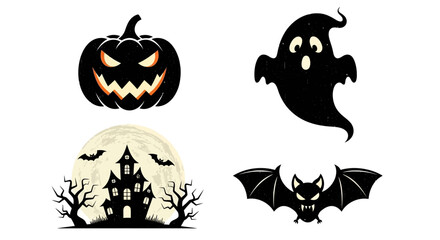 Obraz premium A collection of spooky Halloween icons including a jack-o'-lantern, a ghost, a haunted house, and a bat.