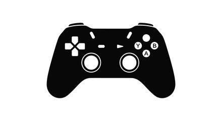 A stark black and white silhouette depicts a modern video game controller showcasing its button layout and ergonomic design