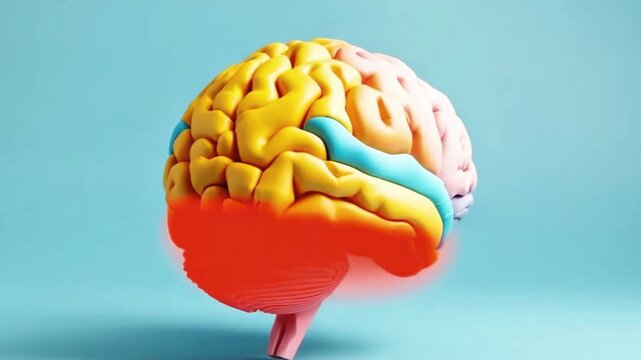 A detailed video of a human brain model on a blue background