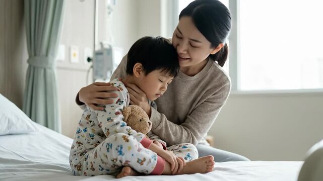 worried asian mother hugging sick son on hospital bed. sad child patient holding teddy bear. family care, healthcare and pediatrics concept. insurance, medical clinic