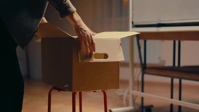 Close-up of box being placed and opened on chair in office scene