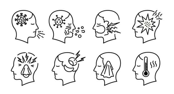 Collection of icons illustrating various symptoms of illness, including viral infections, sneezing, pain, and fever.