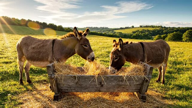 Two brown donkeys eating hay from a wooden trough in a sunlit green field on a beautiful day