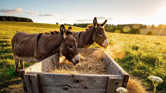 Two adorable donkeys enjoying a peaceful morning meal in a rustic wooden feeding trough amidst sunlit grassy fields