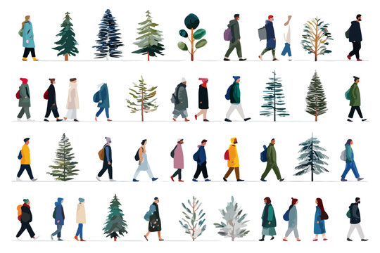 Illustration d'une collection d'arbres et de personnes stylis&eacute;s marchant, avec un fond transparent pour une utilisation facile.