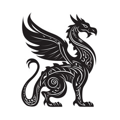 Fototapeta premium Detailed dark grey mythical griffin creature with wings and lion body isolated on transparent background