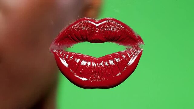 Close up of a woman's full lips with glossy red lipstick making a kissing gesture on a green screen background
