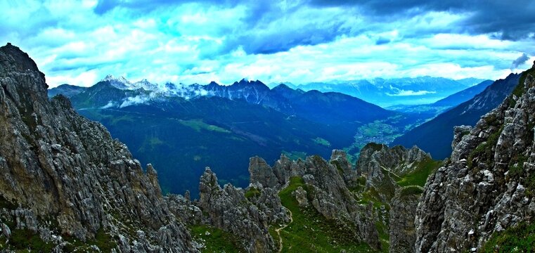 Austrian Alps - panoramic view of the footpath near peak Elfer in Stubai Alps