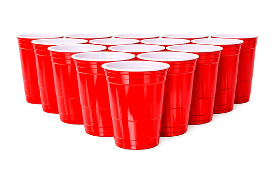 Front view of stacked red plastic party cups, isolated on a transparent background.