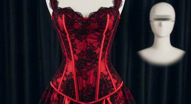 Vibrant Red Lace Corset with Black Floral Design Generative AI.
