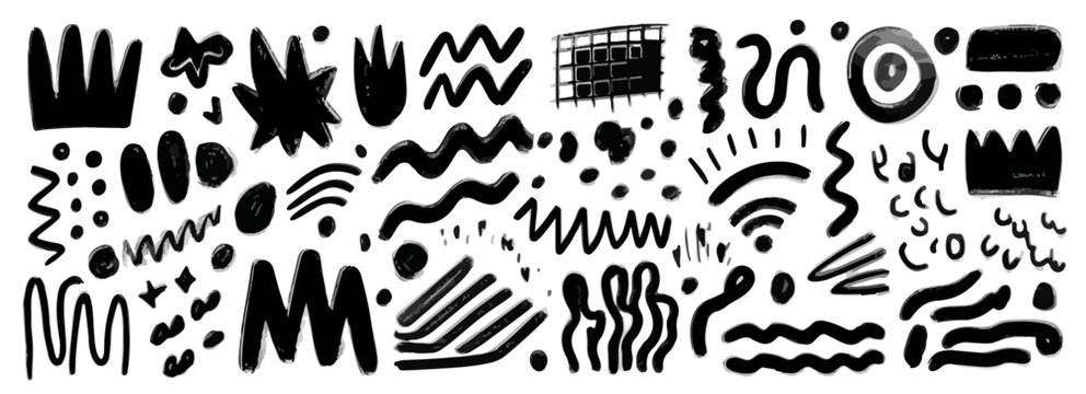 Collection d'&eacute;l&eacute;ments graphiques abstraits noirs et blancs, formes organiques et g&eacute;om&eacute;triques, fond transparent.