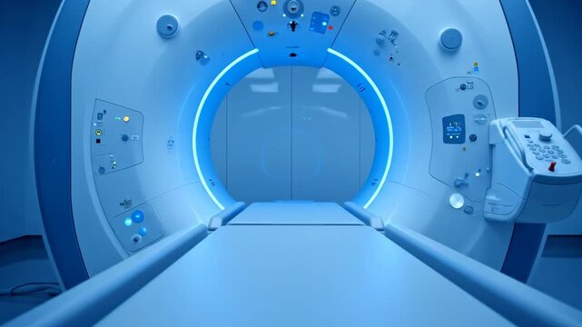 modern computed tomography scanner in blue laboratory interior. medical equipment for diagnosis and examination. healthcare technology and radiology concept. hospital clinic background.