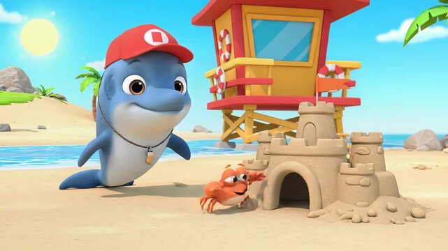 Friendly cartoon shark with crab on sunny beach scene