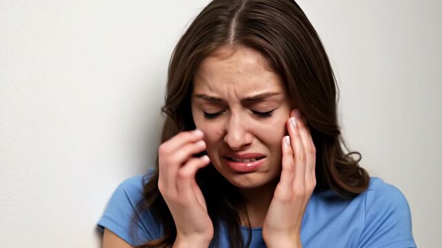 young caucasian woman suffering from strong toothache. upset girl touching cheek with painful expression. dental care, stomatology and oral health concept, medicine 