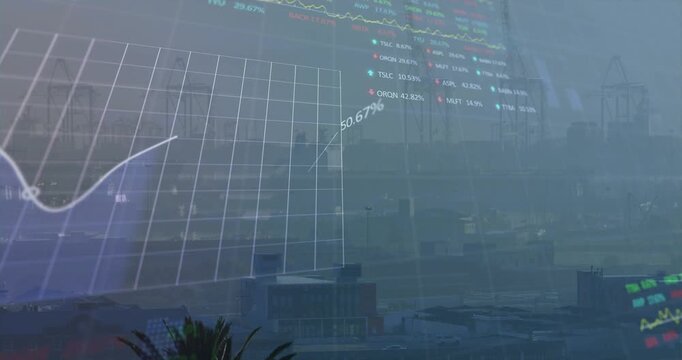Port skyline receiving translucent 3D overlays on data feed, charts updating to show cargo trends