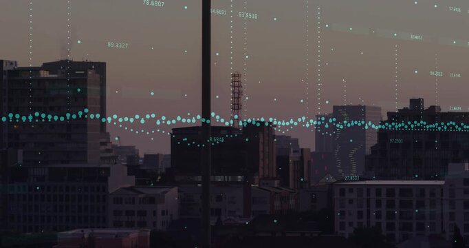 Dusk deepening triggers teal points pulsing and rising over skyline, showing urban sensor trends