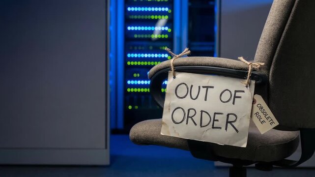 Empty office chair out of order sign obsolete role ai employment anxiety job loss workplace displacement automation replacement office interior