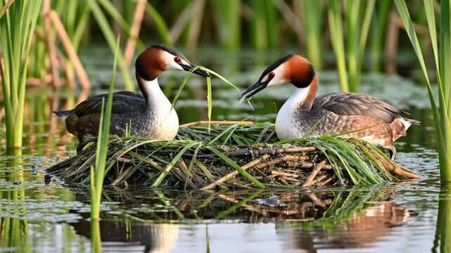 Pair of great crested grebes working together on their nest made of branches and reeds in a lake