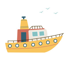 Obraz premium Cute cartoon tugboat vector illustration. Colorful flat style boat on sea, kids transport clipart, small ship icon isolated, marine transportation illustration for children design.