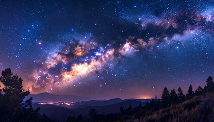 Night sky with stars and galaxy over mountains and trees