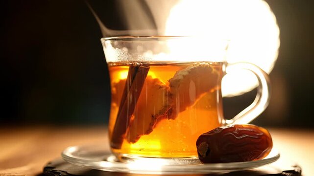 Steaming glass cup of hot herbal tea with cinnamon and ginger. Date fruit on saucer for Ramadan Iftar or Suhoor. Traditional Muslim fasting break concept