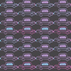 Seamless pattern of hand-drawn vintage cars in pastel neon colors on a dark background, suitable for kids designs, textiles, and playful automotive themes.