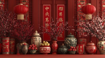 Obraz premium Traditional Asian Decor with Red Lanterns and Floral Arrangements