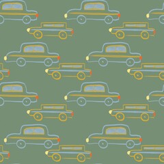 Seamless pattern of hand-drawn vintage cars in pastel green colors on a olive background, suitable for kids designs, textiles, and playful automotive themes.