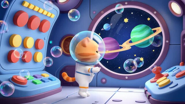 Curious cat astronaut exploring space station with planets view