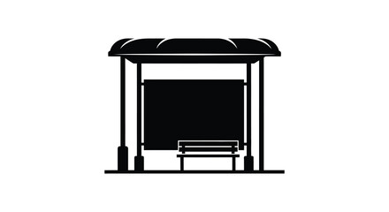 A minimalist black and white illustration depicts a bus stop with a shelter and seating high quality professional