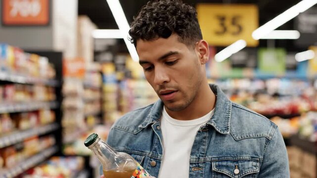 focused hispanic man reading bottle label in grocery store aisle. customer checking ingredients and nutrition facts. healthy shopping concept. food blog, lifestyle magazine.