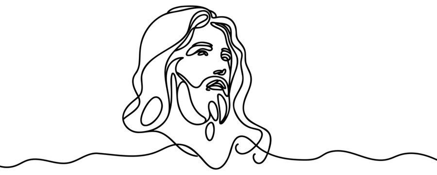 Portrait of Jesus Christ in one line art style. Face of the savior drawn with one continuous black line. Vector illustration.