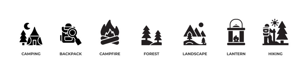 Wilderness Adventure Icons  Icons set vector illustration glyph with Camping, Backpack, Campfire, Forest, Landscape, Lantern, Hiking