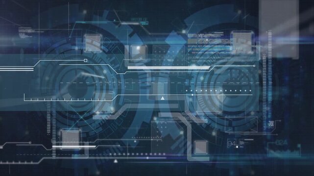Dark blue layout revealing, HUD interface showing rotating dials, pulsing nodes, scanning