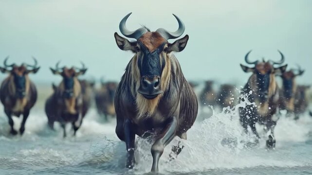A powerful herd of wildebeest charges through river water during their annual migration, creating significant white splashes