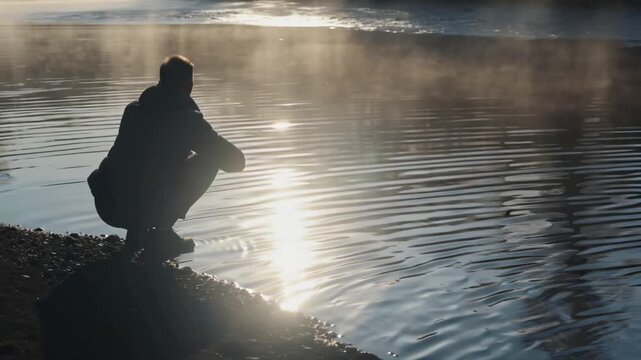 Cinematic video telephoto shot, solitary figure kneeling by river flowing water, morning fog drifting surface diffused sunlight, mirror reflections, slow-motion ripples volumetric light rays mystical