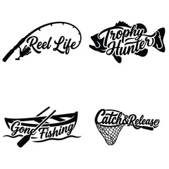 Obraz premium Fishing logo set with reel life, trophy hunter, gone fishing and catch and release badges