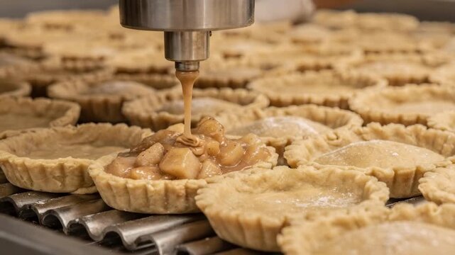 Medium shot of injector nozzle carefully depositing apple filling into pie crusts on a production line highlighting the smooth filling process and golden dough textures.