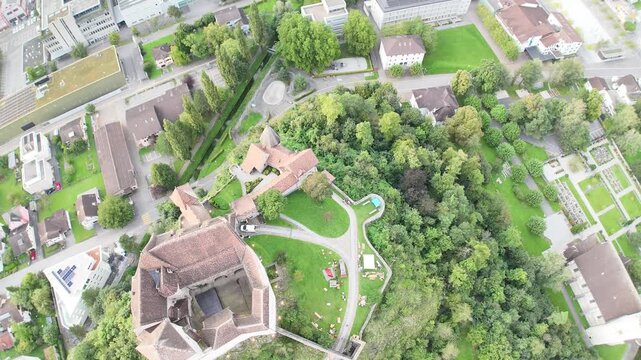 Flight over Burg Gutenberg Balzers Castle in Liechtenstein. Gutenberg Castle