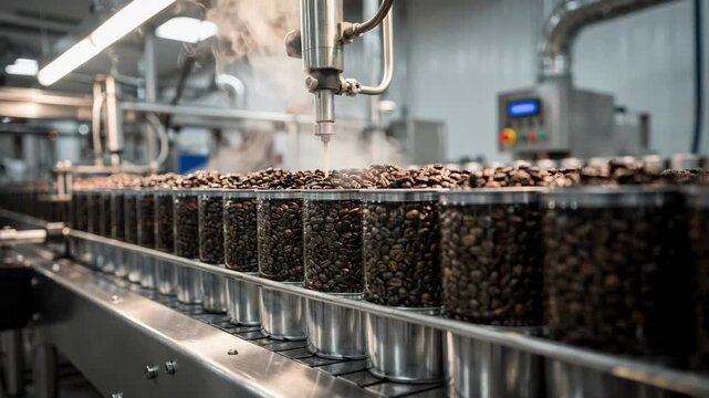 Medium shot of industrial nitrogenflush coffee canning line showing metal cans filled with whole beans as oxygen is purged before sealing to preserve freshness.