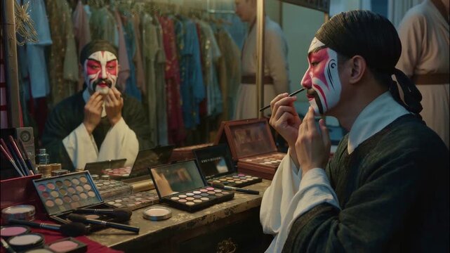 Behind the scenes moment of a Chinese opera performer applying face makeup backstage with mirror reflections and soft ambient light during quiet preparation before performance, 4k video footage