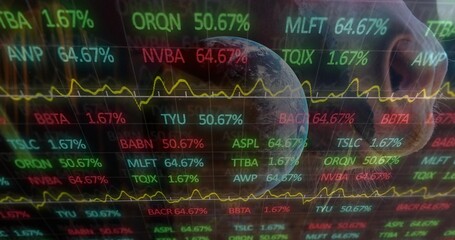 Showing glossy ticker at trading desk showing tickers, yellow line charts, globe, phone reflection © vectorfusionart