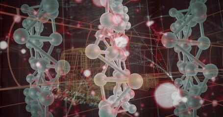 Displaying central double-helix rotating in 3D grid, with wireframe truck and glowing nodes © vectorfusionart